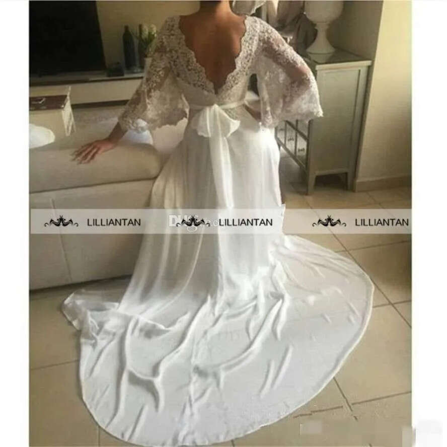 Sexy Deep V Neck Beach Dresses Long Julit Sleeves Lace A E Applique Backless Chiffon Sash Sweep Train Wedding Gowns Pplique