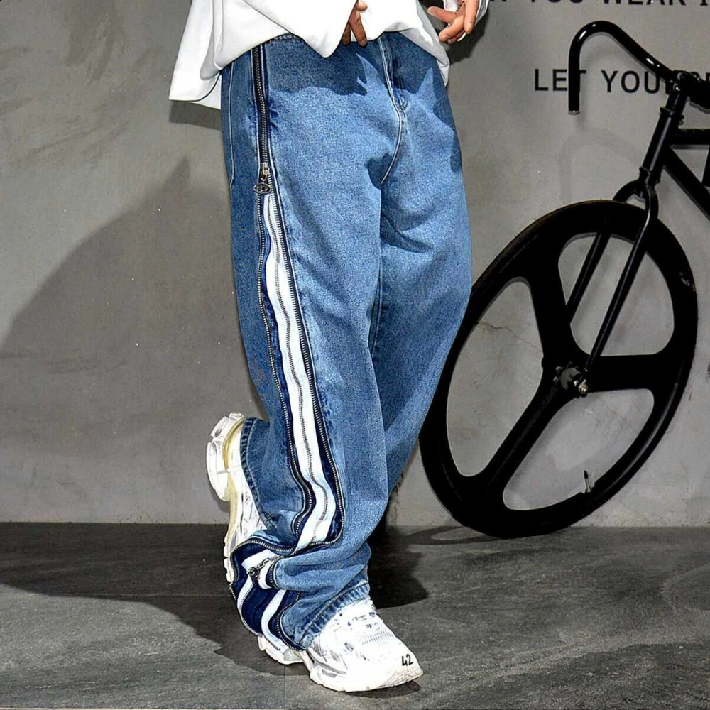 High Quality Korean Fashion Side Zipper Baggy Jeans For Men Streetwear Skateboard Stacked Denim Cargo Pants Loose Trousers 241105