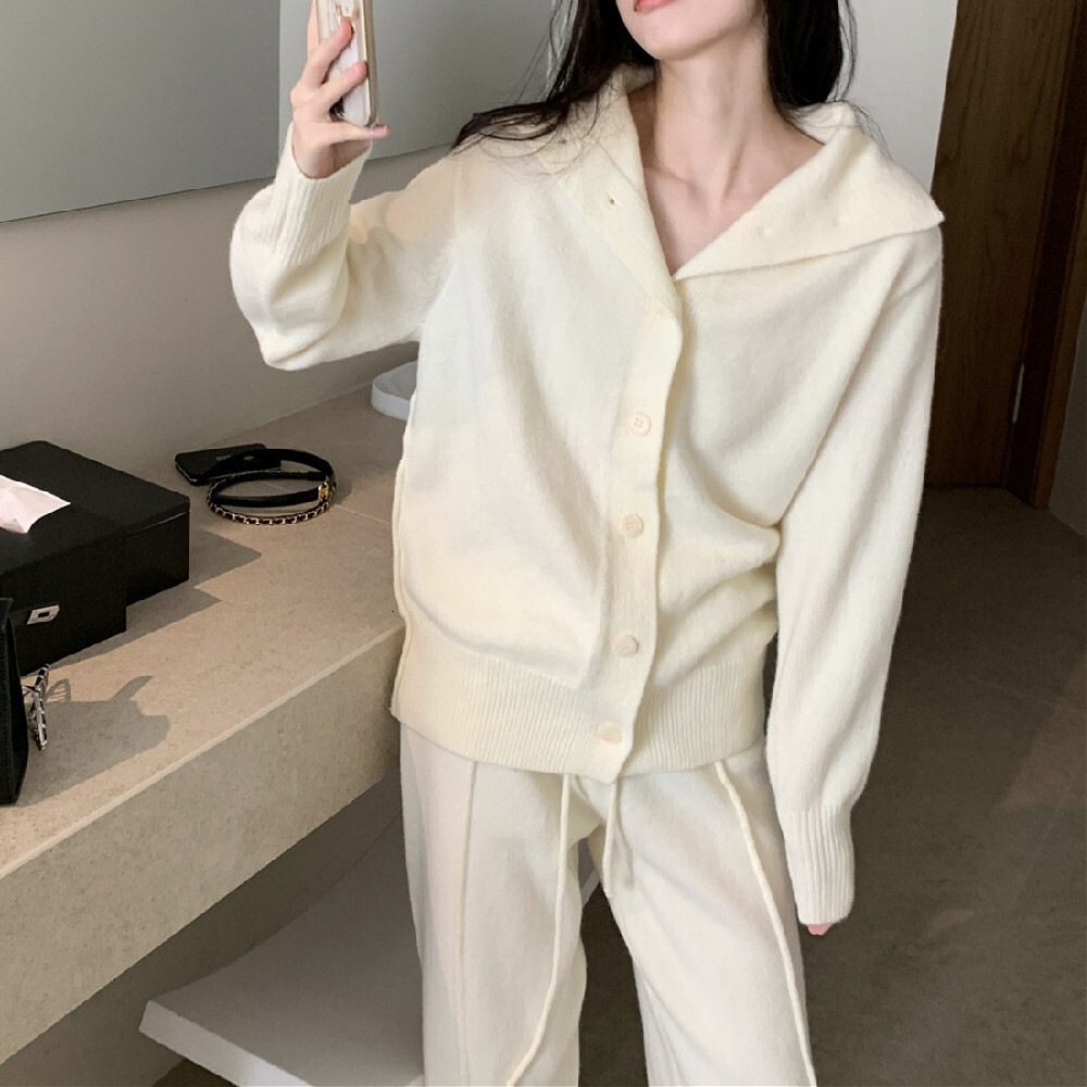 Women's Casual Sportswear Lapel Single-Breasted Knit Cardigan Baggy Wide-Legged Trousers 2Pcs Matching Set Pants Suit