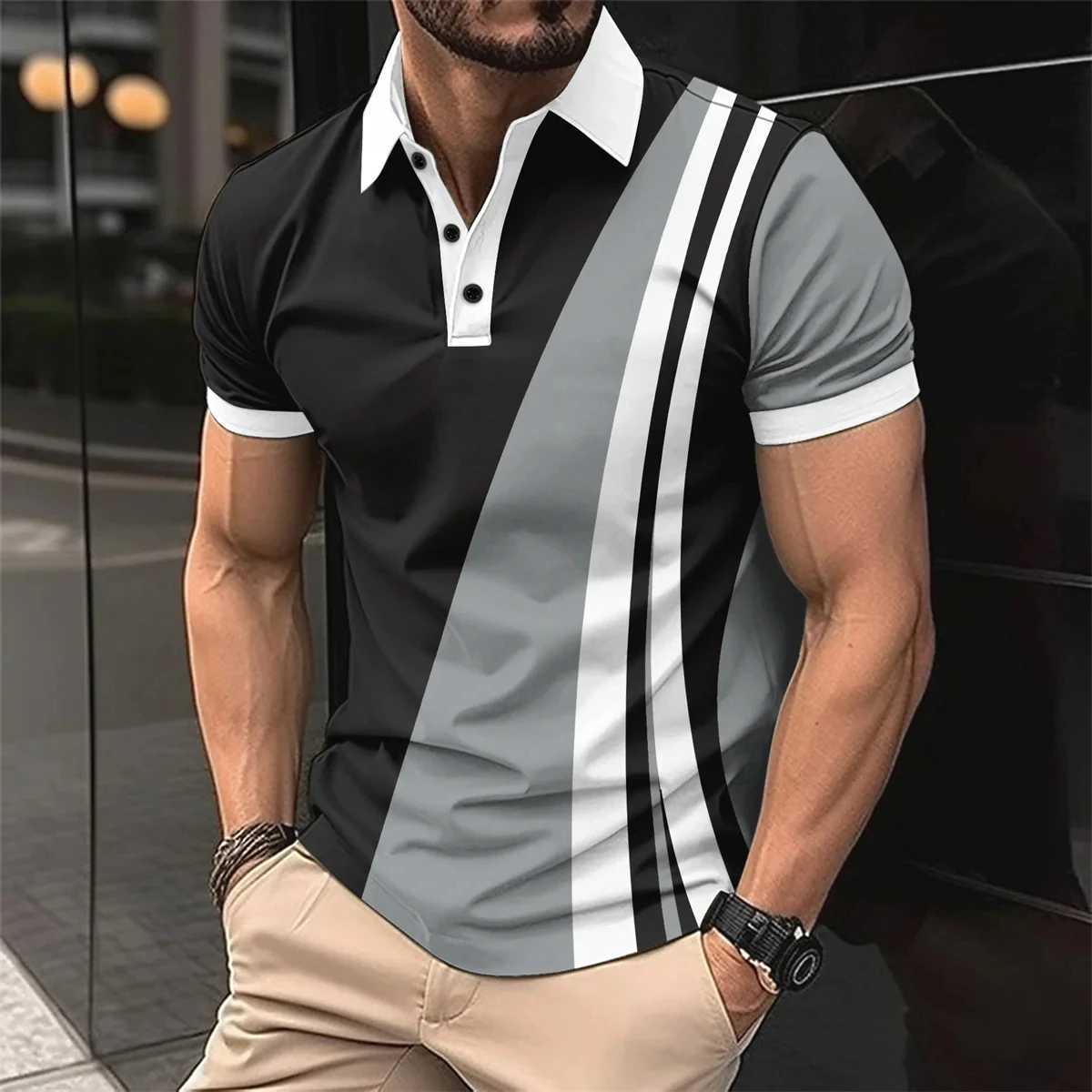 New 3D printed mens lightweight luxury casual high-quality shirt with lapel buttons business matching color breathable T-shirt W241104