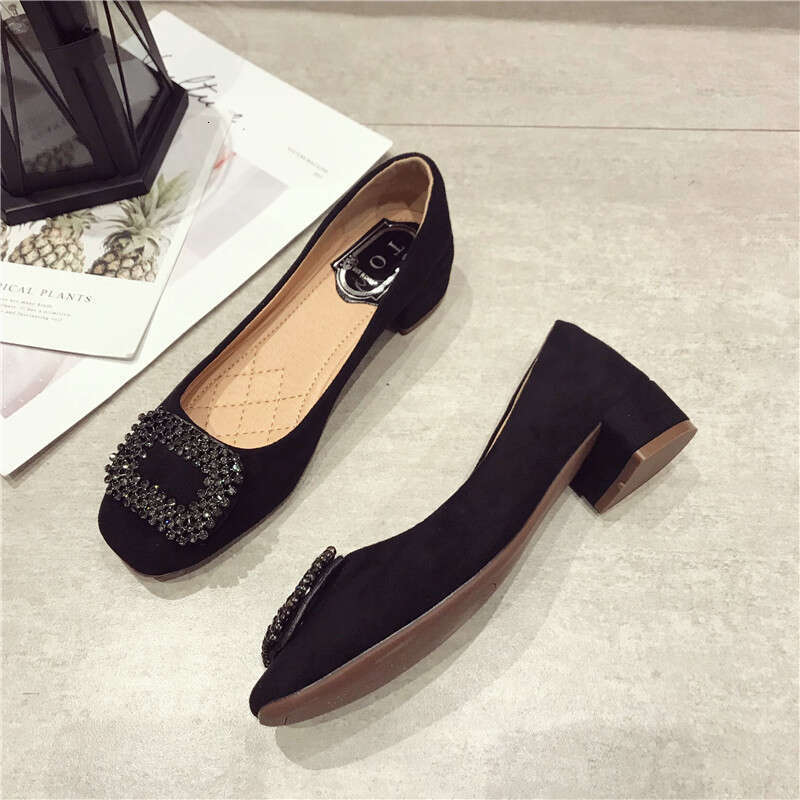 2023 Autumn New Versatile Water Diamond Suede Square Head Shallow Mouth Coarse Custom Scoop Low Middle Heel Women's Shoes