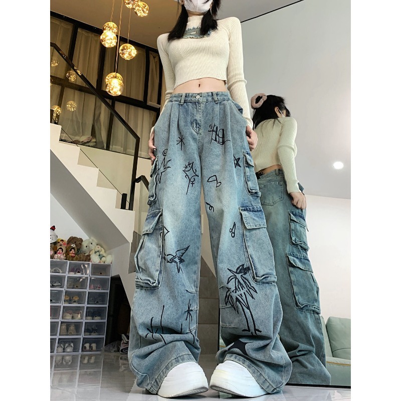 QWEEK Y2k Oversized Vintage Cargo Jeans Woman Hippie Streetwear Haruku Denim Pants Baggy Korean Fashion Trousers Aesthetic