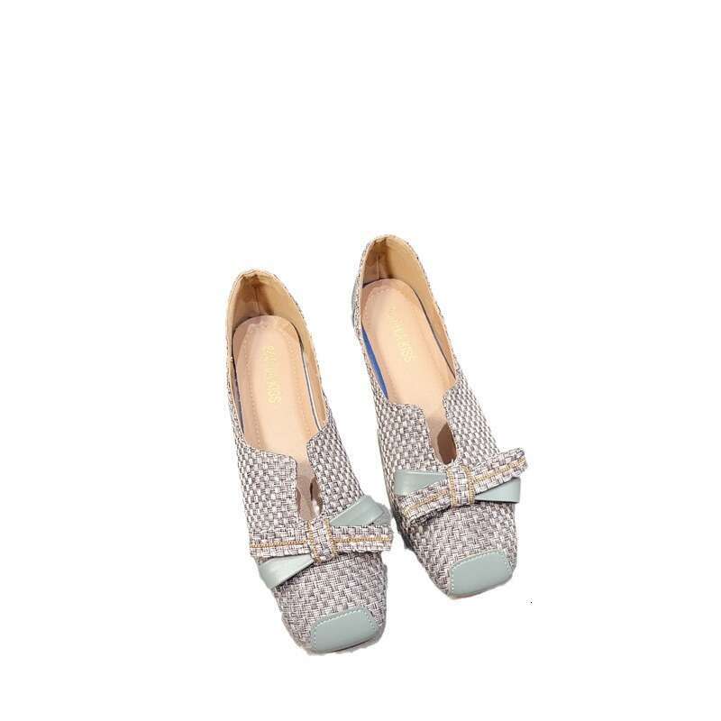 Korean Spring And Summer New Women's Scoop Large Butterfly Knot Weaving Fabric Versatile Square Head Shallow Mouth Flat Bottom Single Shoes