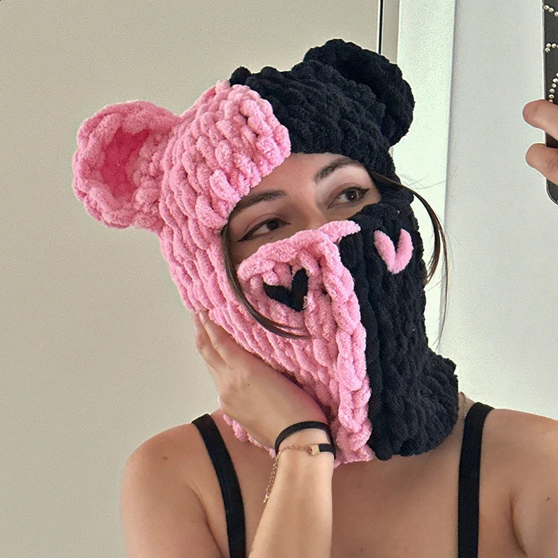 Funny Ears Knitted Hat Beanie Contrast Color Heart Creative Fall Winter Warm Full Face Ski Facewear Caps Windproof for Women 241105