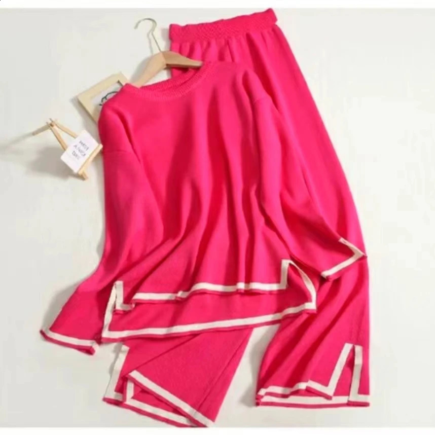 Elegant Women Long Sleeve Tops Knitted 2 Piece Suits Casual Woman Knitting Sweater and Split Long Wide Leg Pant Two Pcs Sets 241105