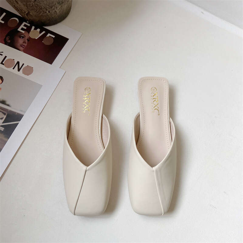 Fashionable Half Slip Slippers Spring 2023, Simple French Style Elegant Square Head With Low Heel, Wearing A Hooded Cool Slipper For Women