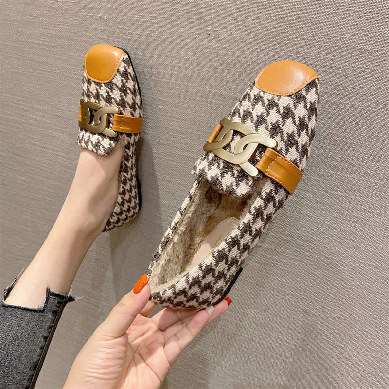 Qian Niao Ge Mao For Women 2023 Winter New Style One Step Versatile With Velvet Warmth Single Shoes, Casual Bean Shoes