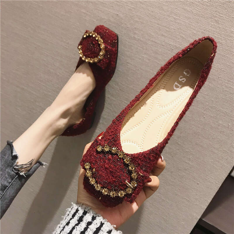 2023 Spring And Summer New Korean Versatile Square Head Water Diamond Button Red Wedding Women's Toast Dress Flat Follow Shoes