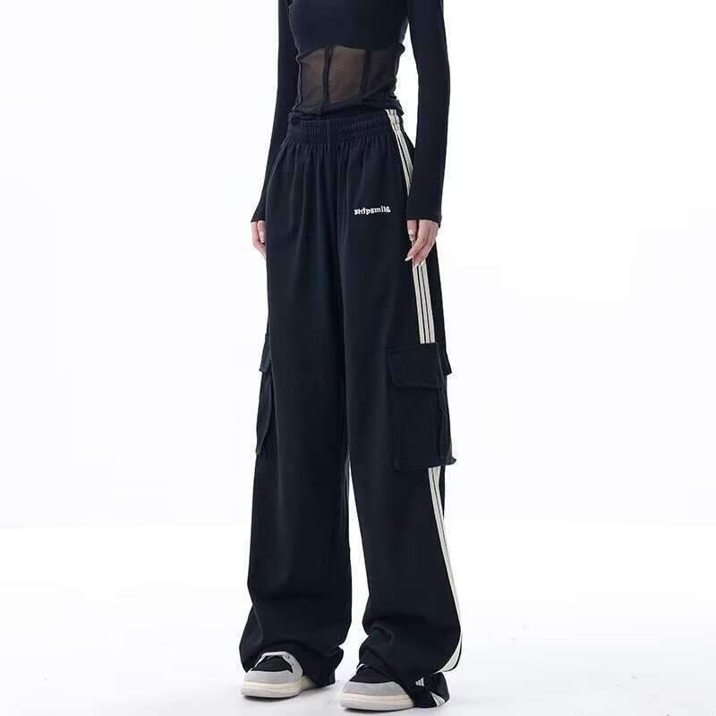 shanshi three stripes pants American casual pants for women in autumn winter three bar straight sports loose and slimming sweatpants, floor length wid