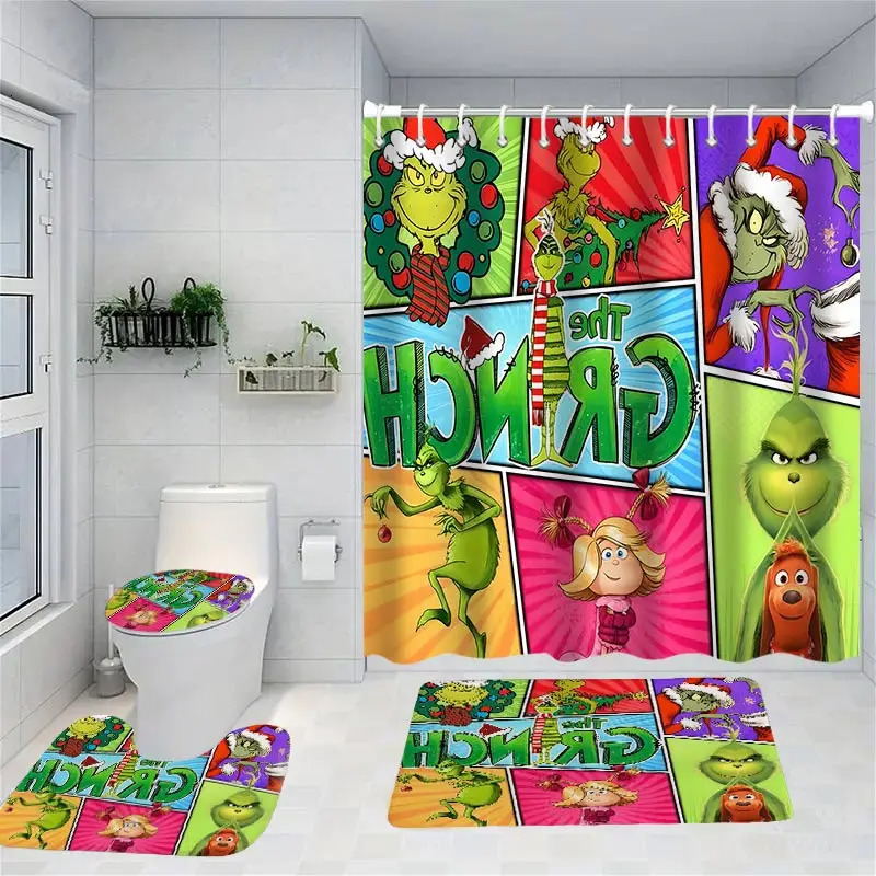 Merry Christmas Cartoon Shower Curtain Witch Bath Sets Waterproof Non-Slip Bathroom Rug Toilet U With 12 Hooks Home Deco 241104