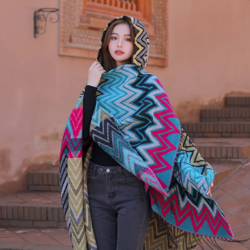 WeHelloAutumn and Winter Shawl Womens Cashmere Warm Bohemian Ethnic Style Hat Cloak Travel 241105