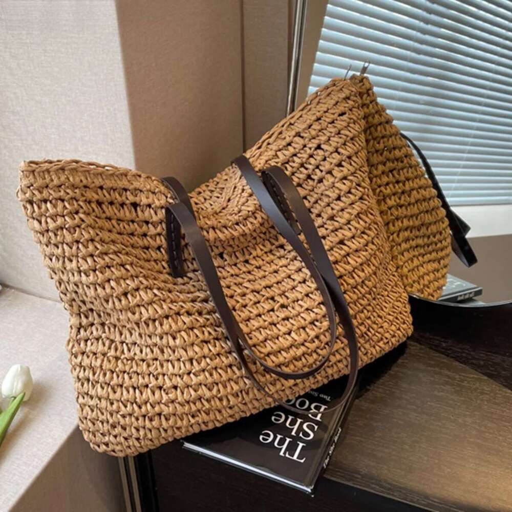 Design Straw Woven Tote Bags For Women Large Capacity Shoulder Beach Bag Pure Color Summer New Big Shopping Handbag