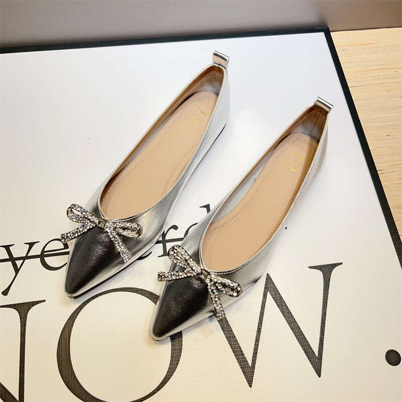 Korean Version Of Spring And Summer New Versatile Silver Shallow Mouth Single For Women, Pointed Soft Soled Flat Shoes, Rhinestone Butterfly Bow Scoop