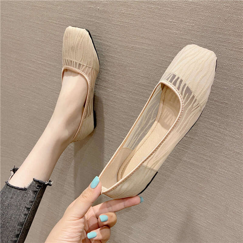 Korean Version Fairy Style Simple Mesh Breathable Shallow Mouth Square Toe Flat Shoes 2023 New Soft Sole Versatile Summer Sandals
