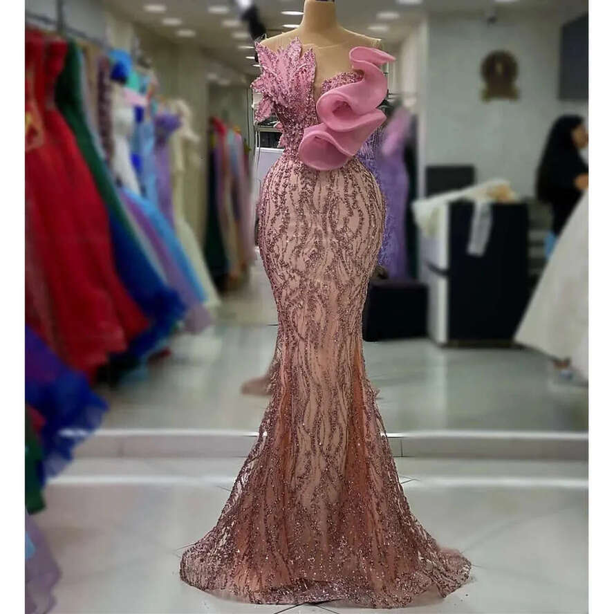 Mermaid Ebi Pink Aso August Prom Dress Crystals Sequined Lace Evening Formal Party Second Reception Birthday Engagement Gowns Dresses Robe De Soiree Z