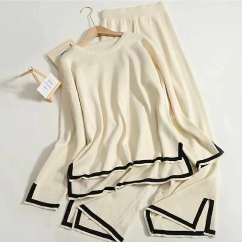 Elegant Women Long Sleeve Tops Knitted 2 Piece Suits Casual Woman Knitting Sweater and Split Long Wide Leg Pant Two Pcs Sets 241105