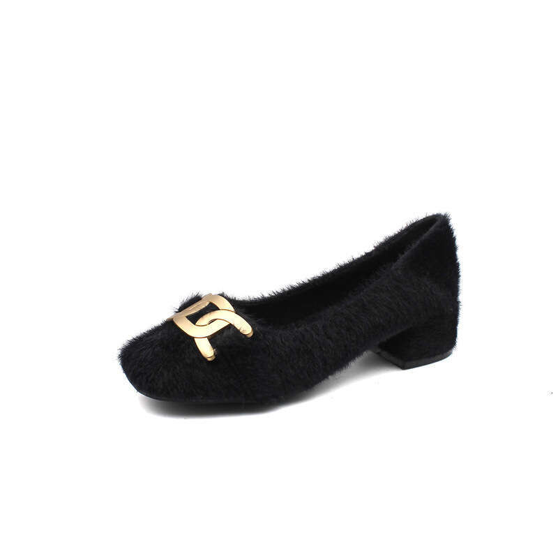 2023 Autumn/Winter New Single Women's Head Hairy Metal Buckle Low Heel Outdoor Casual With Velvet Bean Shoes