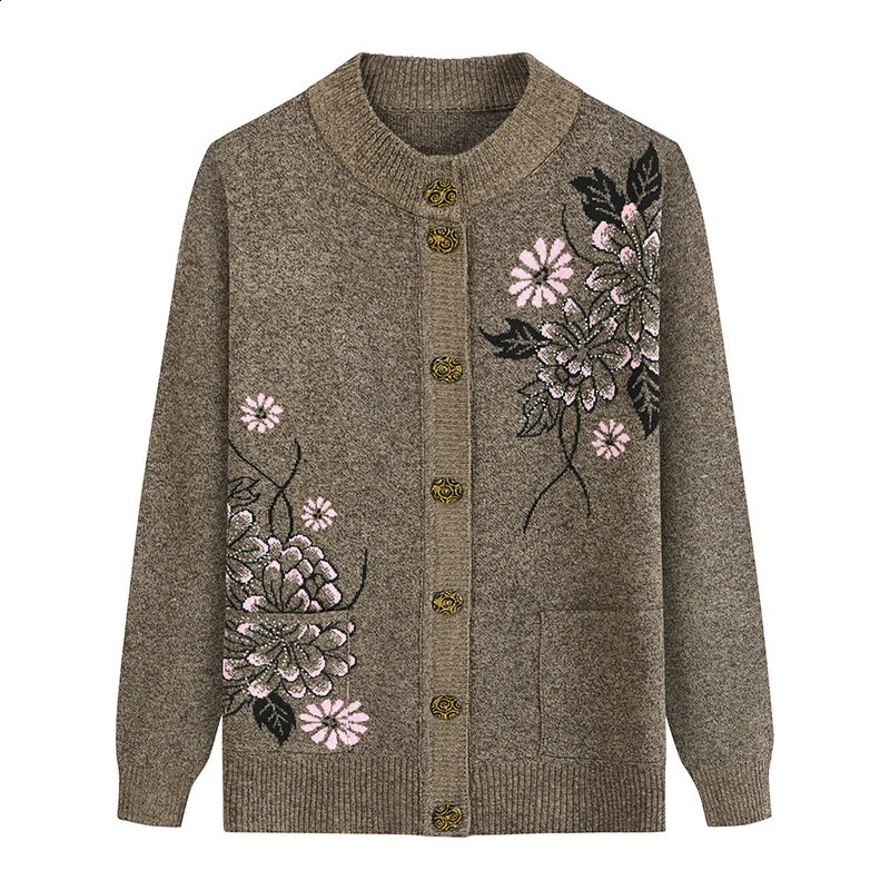 Print MiddleAged Elderly Mothers Autumn Winter LongSleeve Sweater Women Knitted Bottoming Shirt Grandma Cardigan Mujer 241105