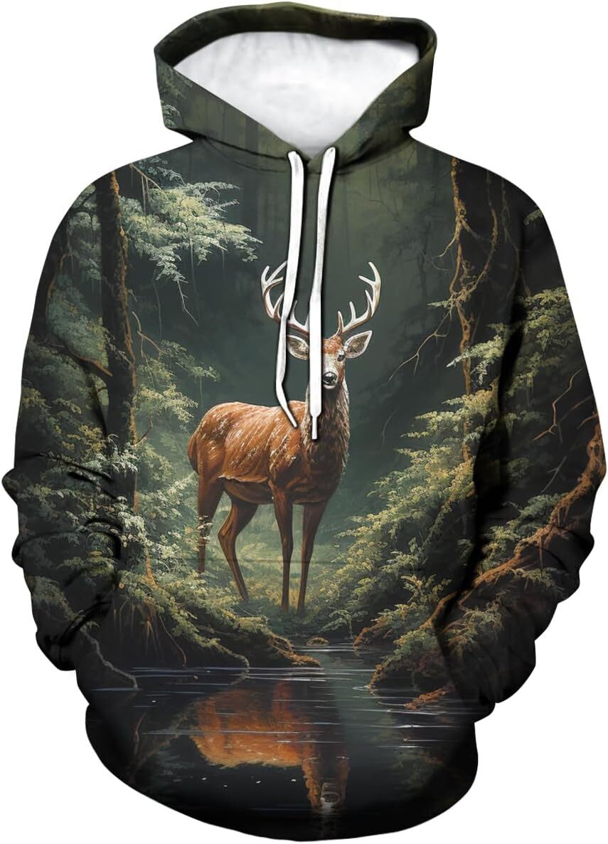 Hoodie for Mens Womens Colorful Dream Aurora Deer Hoodie Hoodies 3D Printing Novelty Forest Animal Sweatshirts Pullover Graphic Fashionable and Warm c
