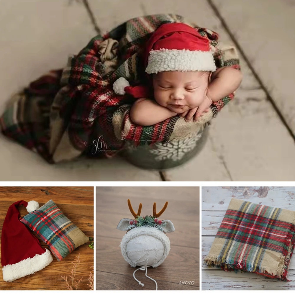 Baby Christmas hat reindeer born pography props accessories packaging pillow set girl boy po studio decoration 241105