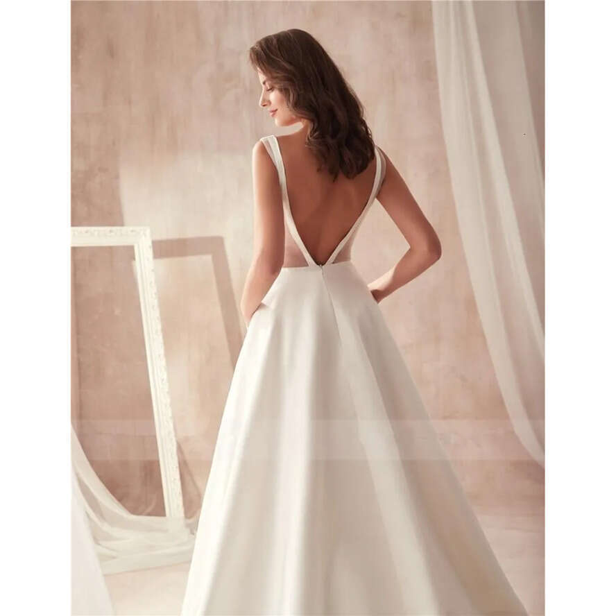 Plus Sexy Cheap Size Dresses With Pocket Satin Deep V Neck Open Back Or Length Wedding Dress Bridal Gowns Robes De Marie