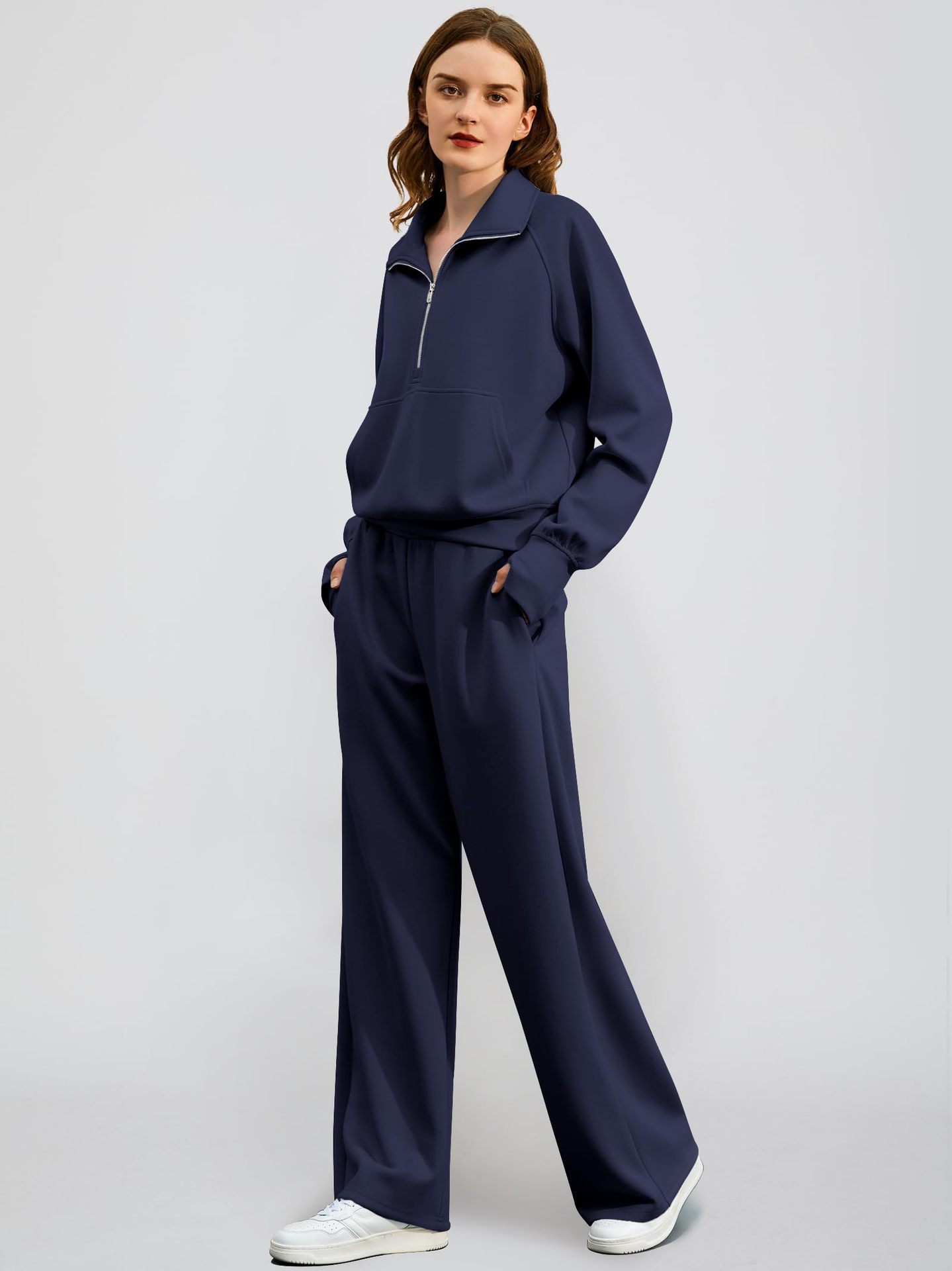 2025--Oversized Women's 3D Half-Zip Sweatshirt and Wide-Leg Sweatpants - Comfortable Two-Piece Set