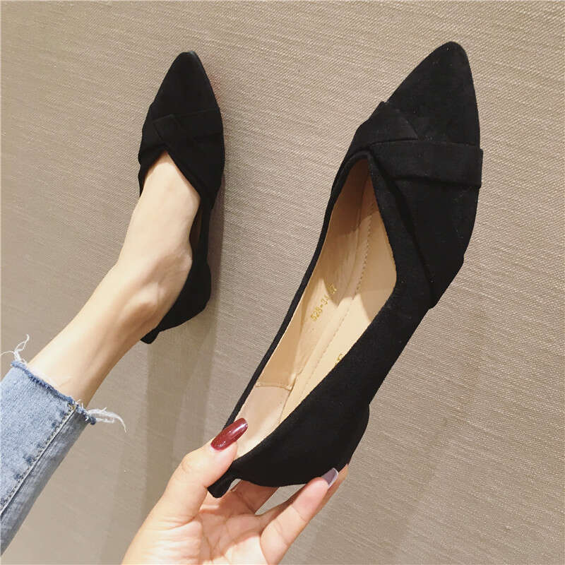 2023 Spring New Versatile Suede Pointed Shallow Mouth Flat Follow For Women Black Professional Work Shoes