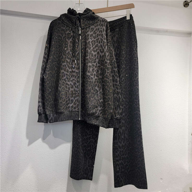 Leopard print loose designer hoodie casual set sportswear women's two-piece set fashionable cardigan zipper hoodie+pants two-piece set