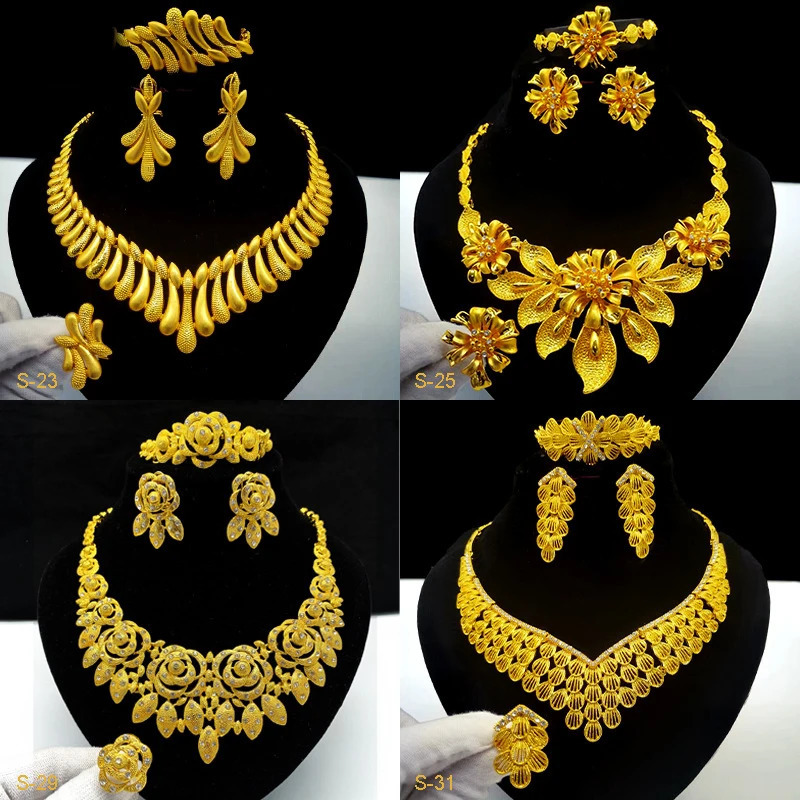 Dubai Gold Bracelet Necklace Earrings 4-piece Set for Women 24K Gold Plated Bracelet Charm Wedding Jewelry241105