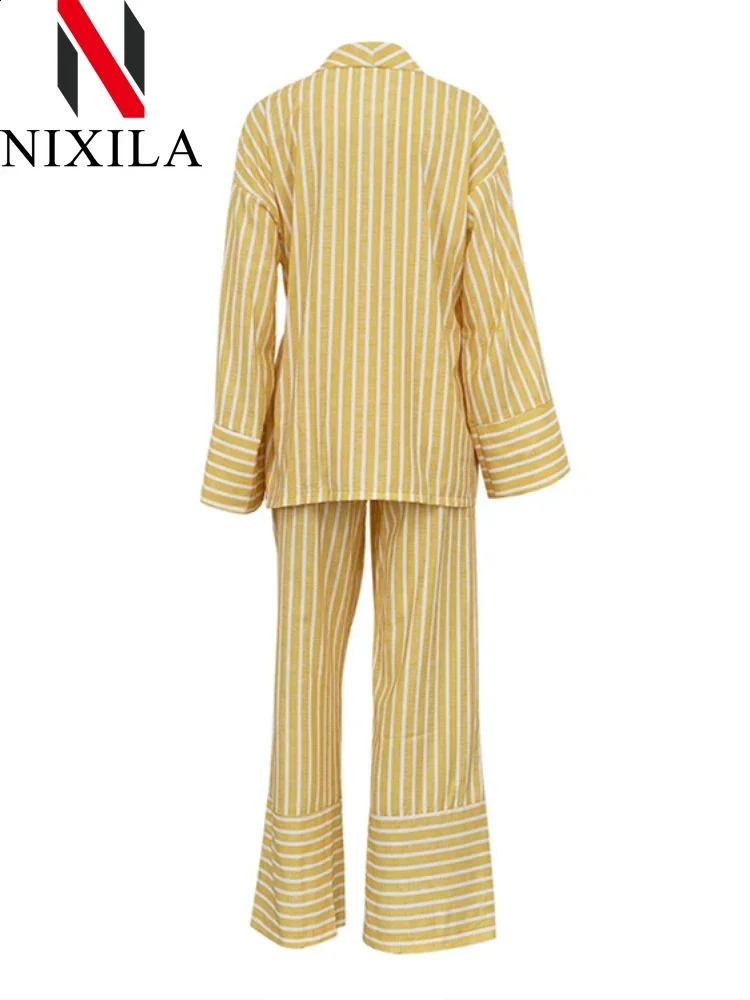 in Spring Summer Striped Long Sleeved Loose Tie Up Sets for Women 2 Pieces Fashion Leisure Pant Sets Elegant Womens Suits 241105