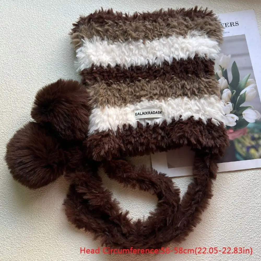 Cute Cat Ear Women Knitted Hat Thick Warm Contrast Stripe Winter Beanies Cap Windproof Protection Pullover 241105