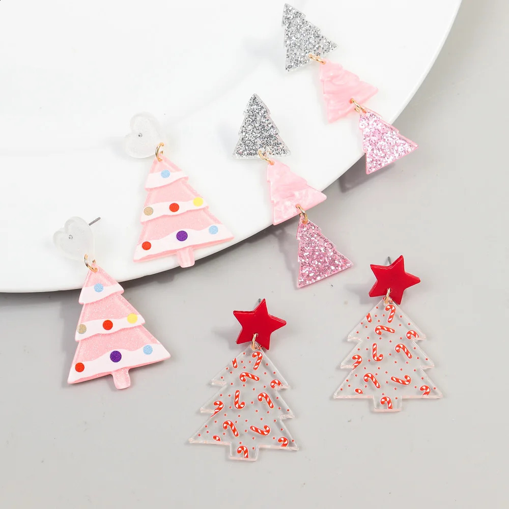 Pink Glitter Christmas Tree Acrylic Earrings for Women Girls Cute Sweet Plant Geometric Long Dangle Earring Party Jewelry 241105