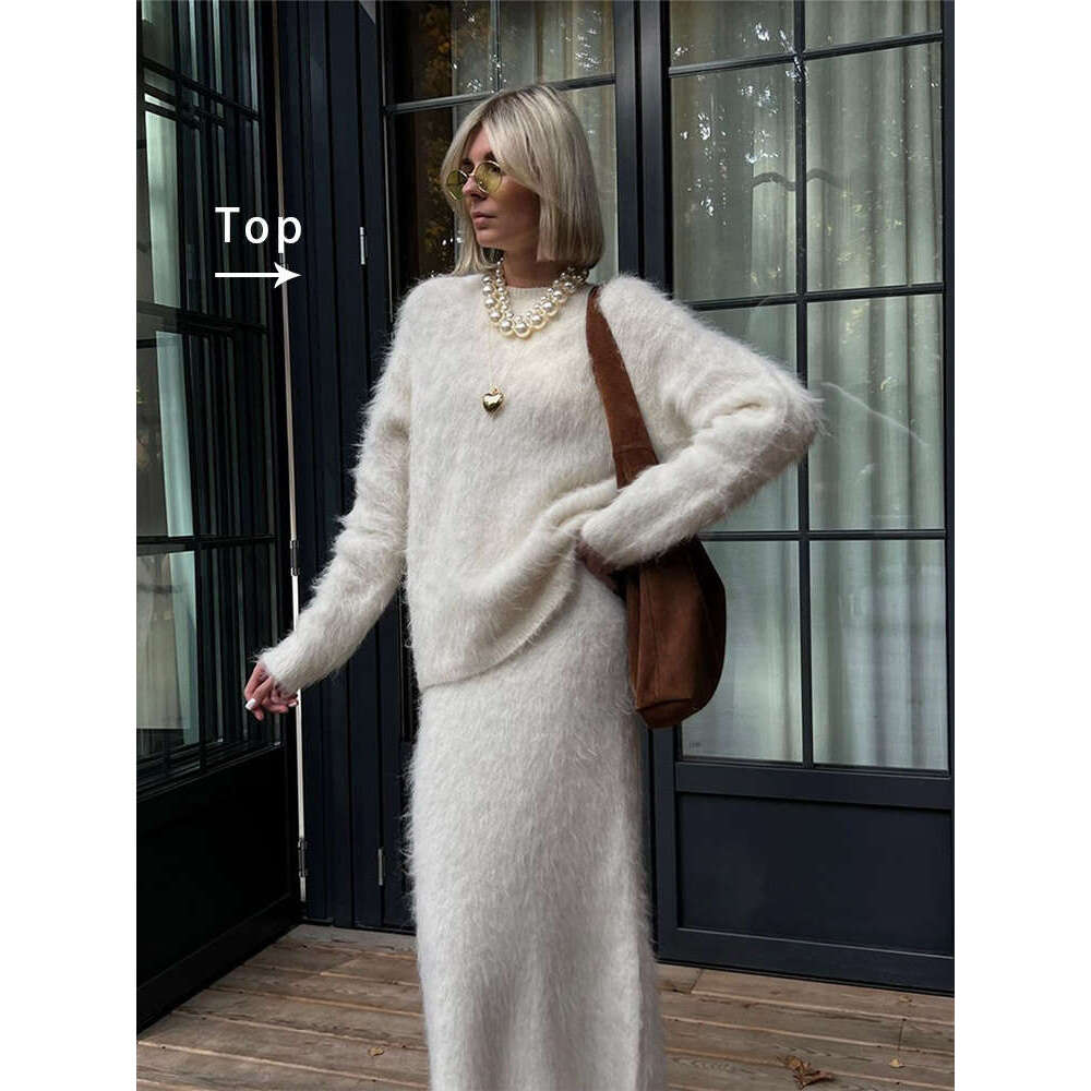 Women Solid Mohair Cashmere Sweater Skirt Suit Fashion O Neck Long Sleeve Knit Pullover Set Autumn Chic Lady Street Outfits