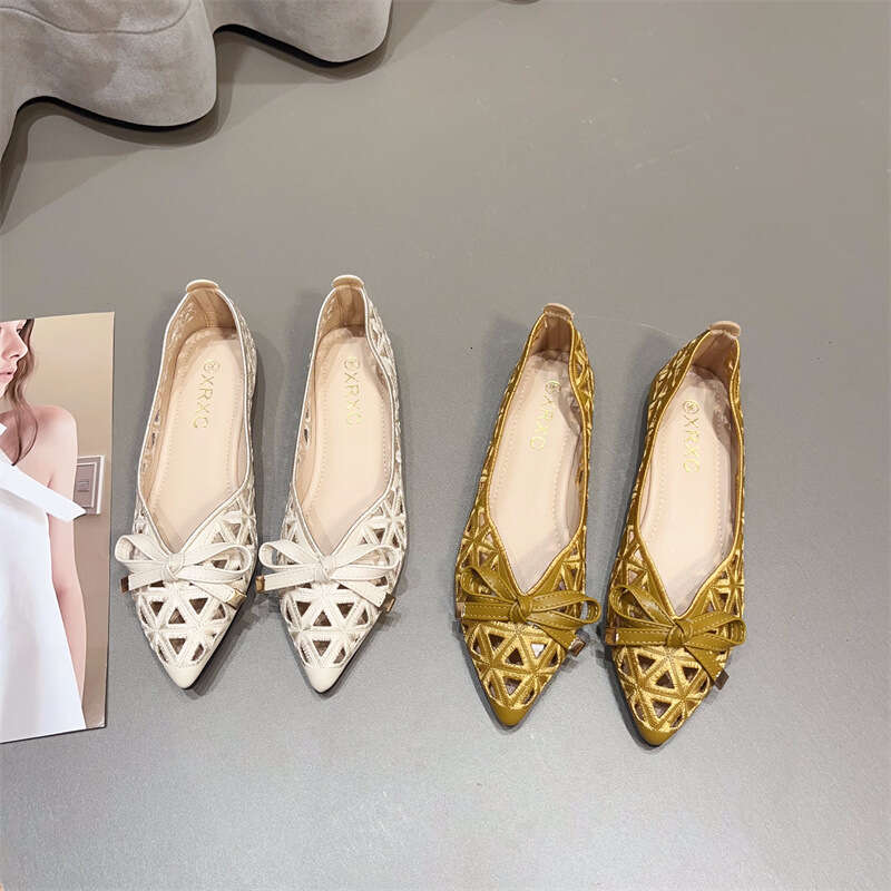 Korean Version Summer New Pointed Hollow Bow Flat For Women's Fairy Style Versatile Shallow Mouth Single Shoes With Skirts