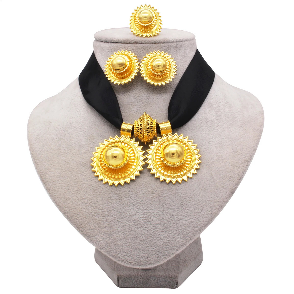 African wedding gold color jewelry sets for women Dubai bridal party gifts round pendant rope necklace bracelet earring ring set 241105