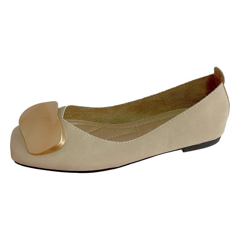 Shallow Mouth Women's Korean Version Spring New Item Metal Buckle Comfortable One Foot Cover Square Toe Flat Single Shoe Soft Sole Bean Shoes