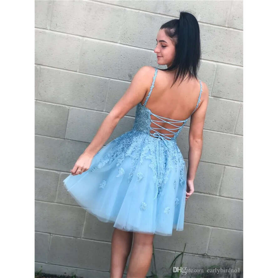 A E Blue V Neck Homecoming Lace Sleeves Mini Sweet Atil Party Dresses Formal Short Prom Dress Backless