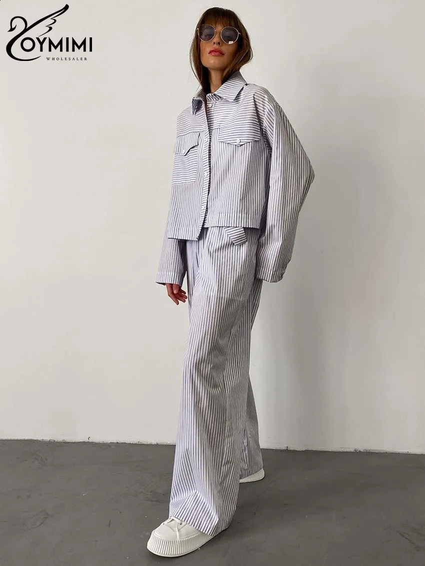 Oymimi Elegant Blue Print Striped Sets For Women 2 Pieces Fashion Lapel Long Sleeve Pockets Shirts And Straight Pants Female Set 241105