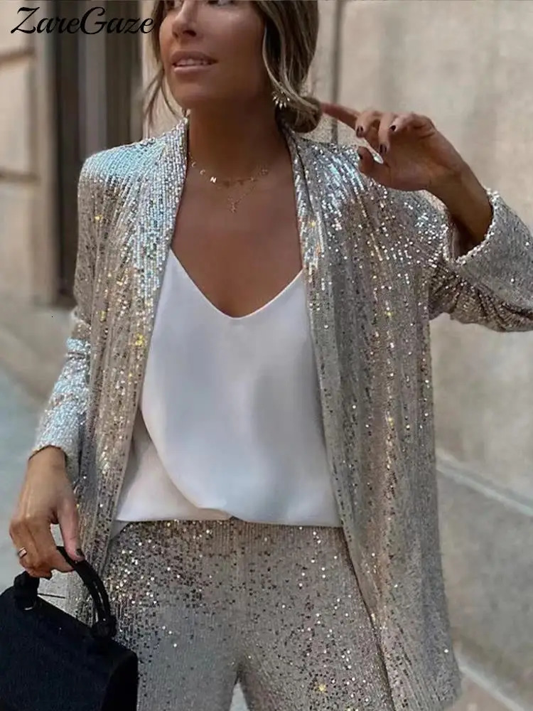 Fashion Silver Sequined Jacket Pant Suit Women Long Sleeve Coat Wide Leg Trousers 2 Piece Set 2024 Autumn Street Lady Sets 241104