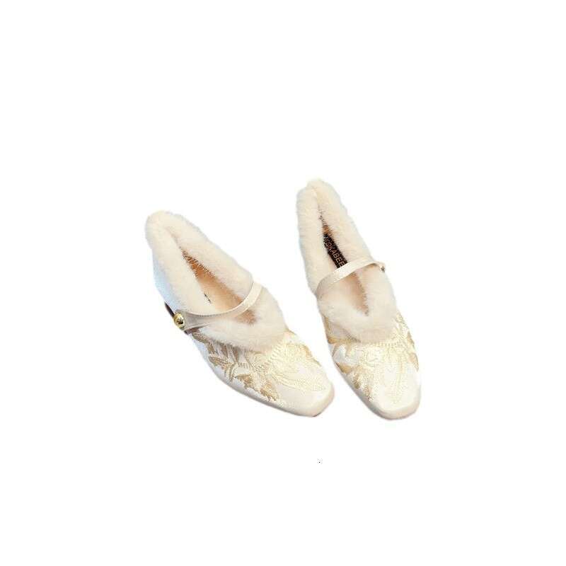 New Chinese Style Square Toe With Plush Coarse Single Order Korean Version Soft Soled Cheongsam Embroidered Low Heeled Hairy Women's Shoes
