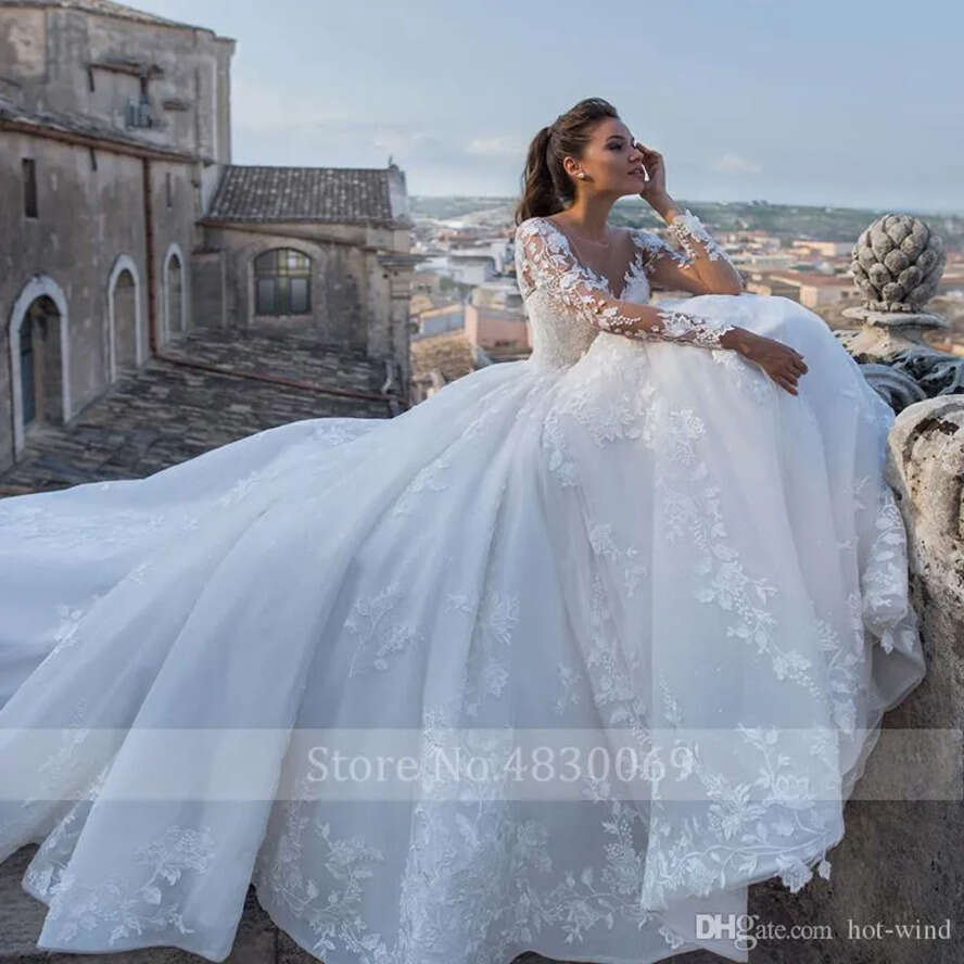 Vintage Sheer Elegant Jewel Neck A E Long Sleeve Tulle Court Train Bridal Dress Lace Princess Wedding Gowns Vestidos