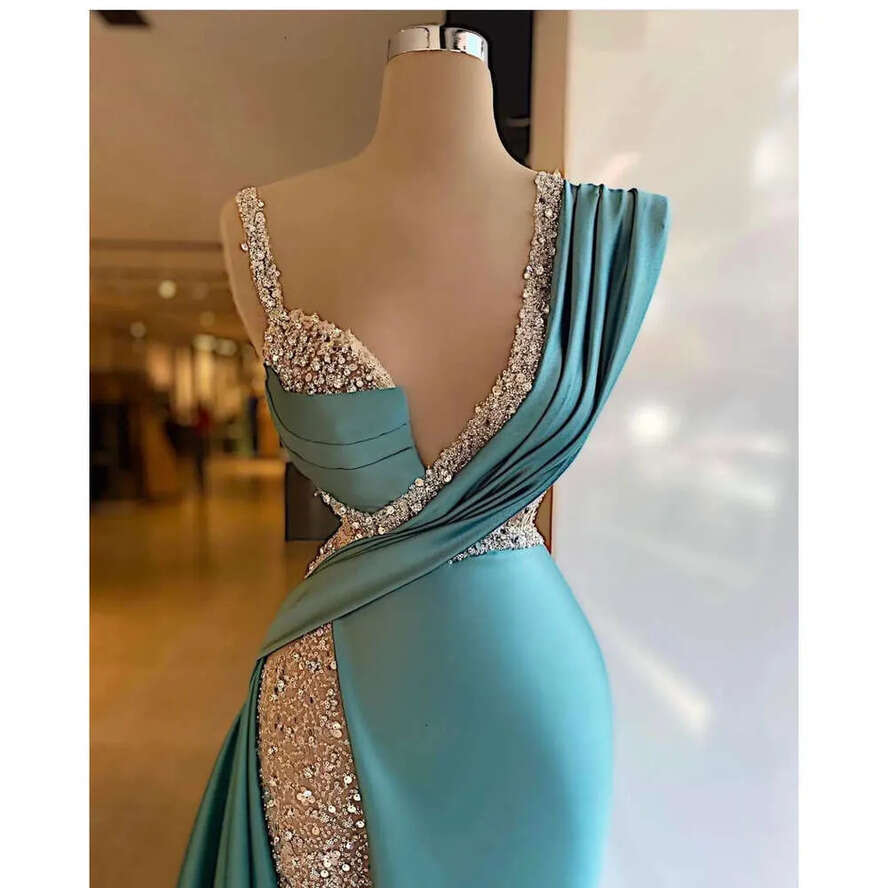 Lace Mint Sexy Turquoise Sequined Prom Dresses Deep V Neck Illusion Crystal Beads High Side Split Or Length Satin Mermaid Party Evening Gowns