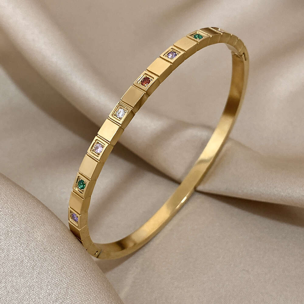 Stainless Chic 316L Fashion Jewelry Hot New Steel Bracelets for Women Romantic Inlaid Colorful Zircon Block Gold Plated Cuff Bangle Charm Jewelry Gift