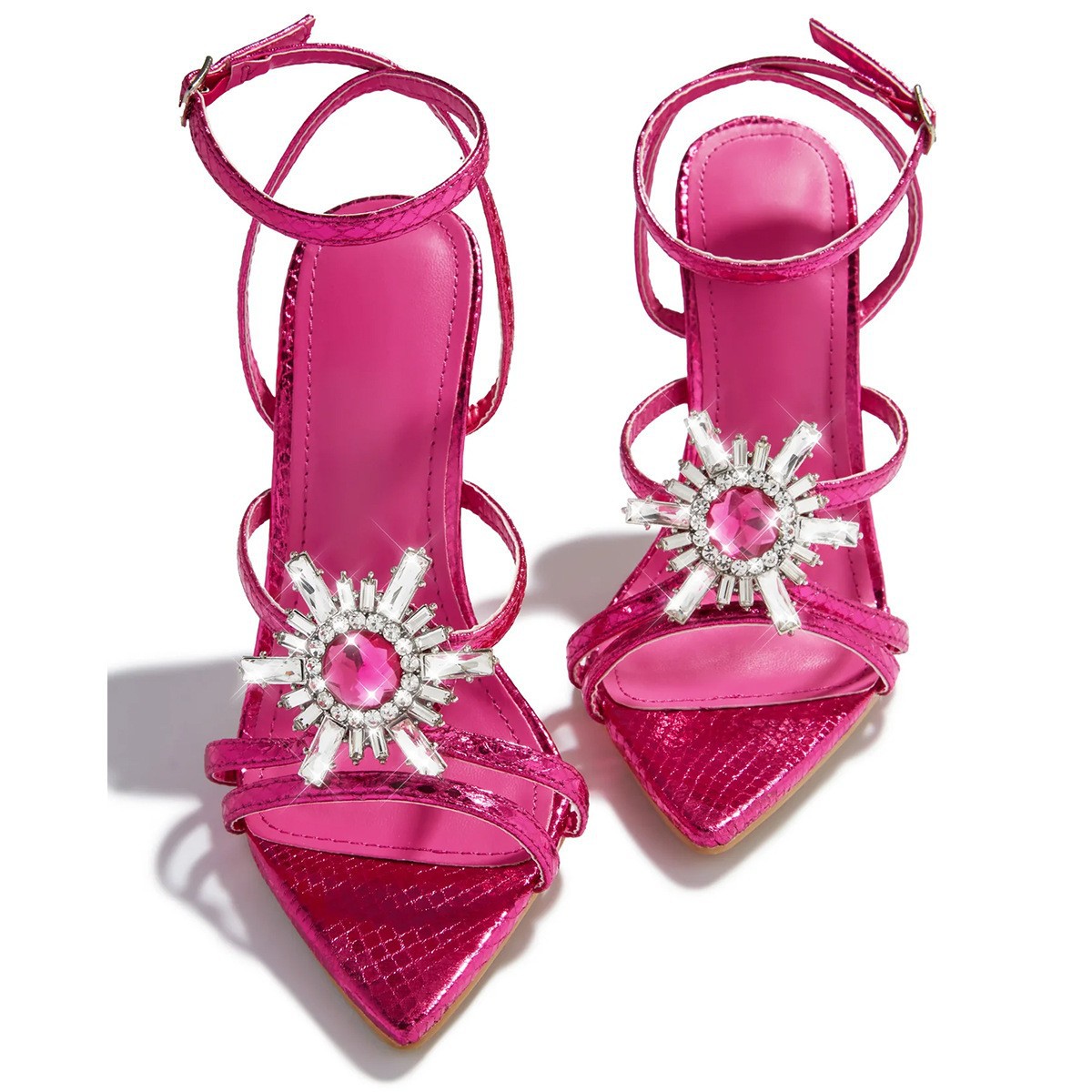 Pointed Open Toed Sunflower Rhinestone Flat Strap Buckle Sandals.