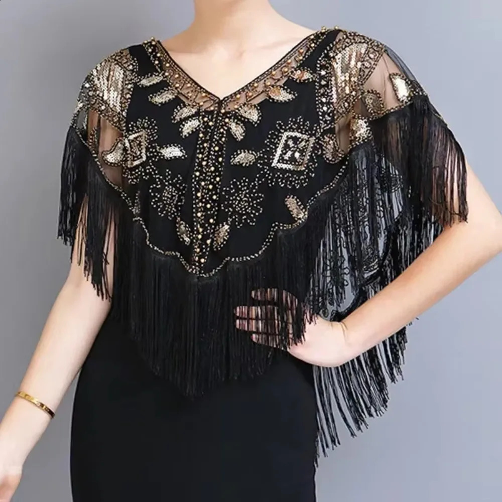 Summer Sequins Tassels Poncho Women Coat Party Outfits Cape Mesh Jacket Ladies Cloak Shawls Casaco Outerwear Wraps Woman Clothes 241105