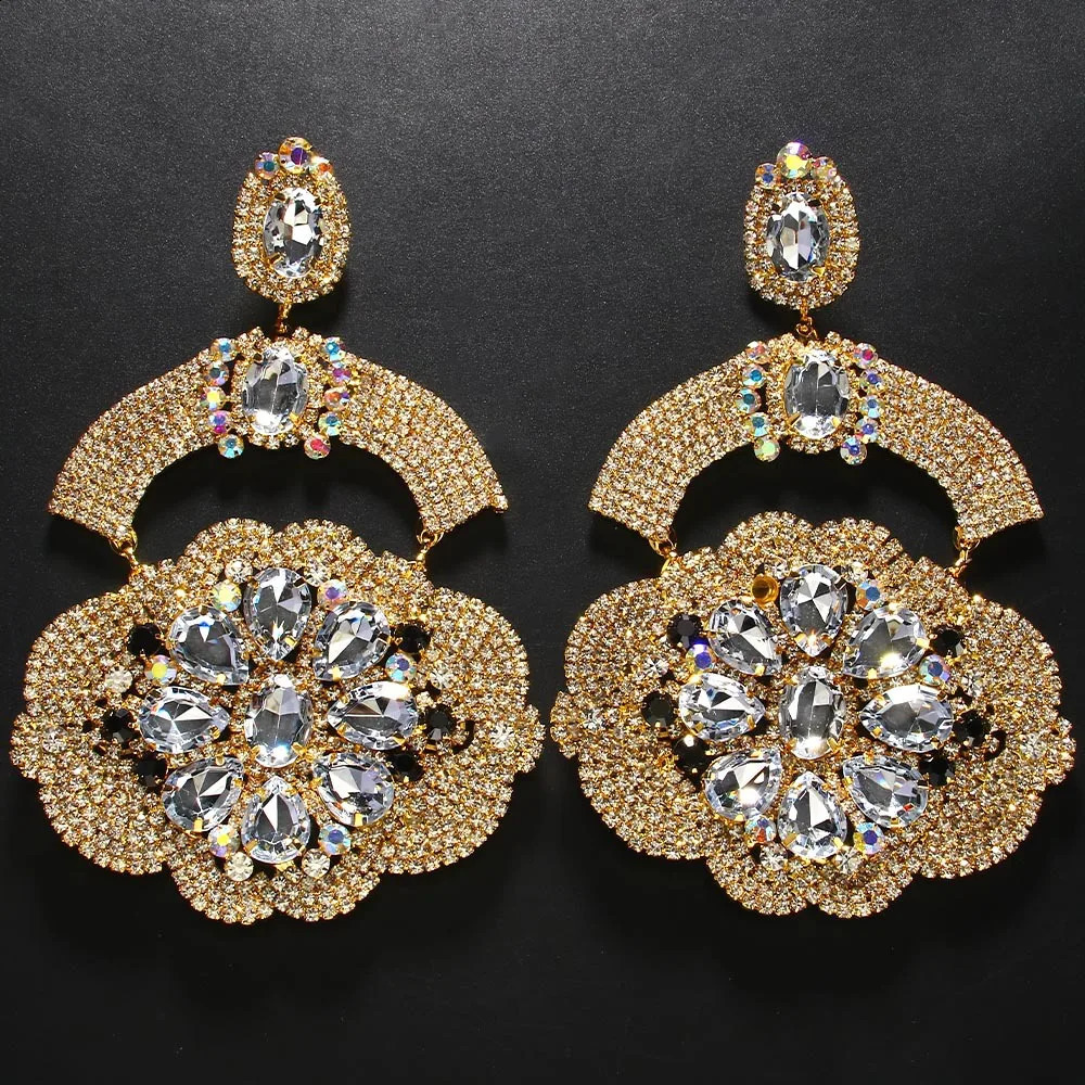 Stonefans Flower Pendant Earrings Gem Long Dangle for Women Y2k Trending Party Accessories Exaggerated Jewelry Crystal 241105