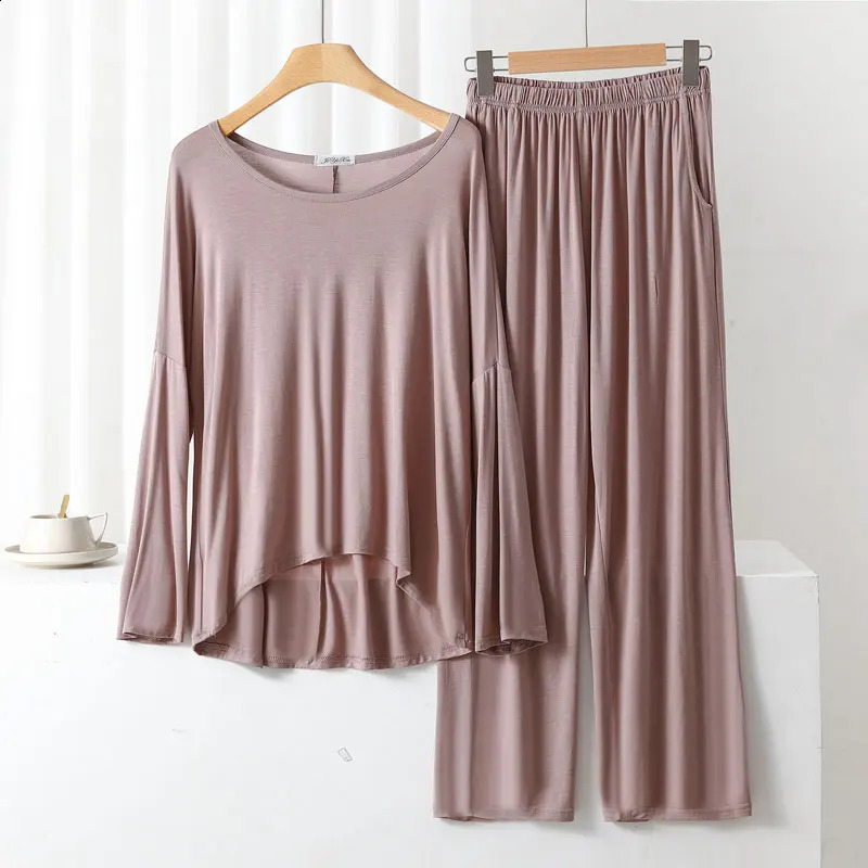 Model Skin-Friendly Long-Sleeved Trousers Pajamas Suit Womens Spring Autumn Section Loose and Comfortable Home Service 2-Piece 241105