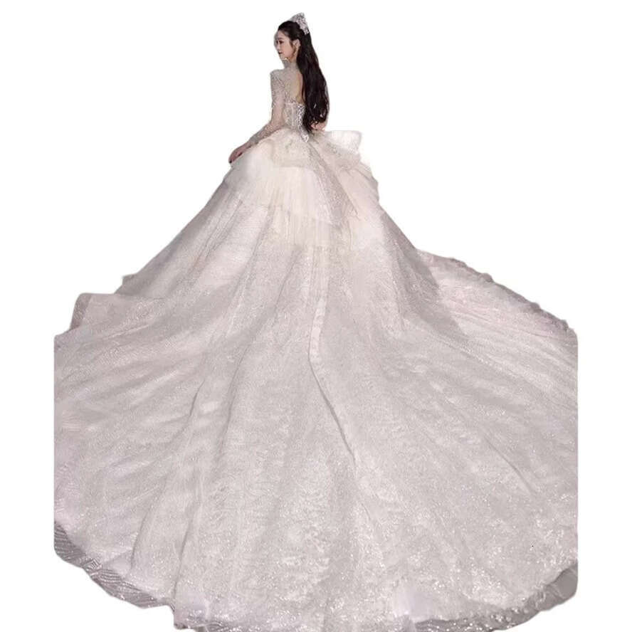 Wedding A E Dresses Shiny Long Sleeve Lace Appl Plus Size Bridal Party Gowns Robe Marriage Court Train Vestidos De Noiva Formal Bride Wed Dress