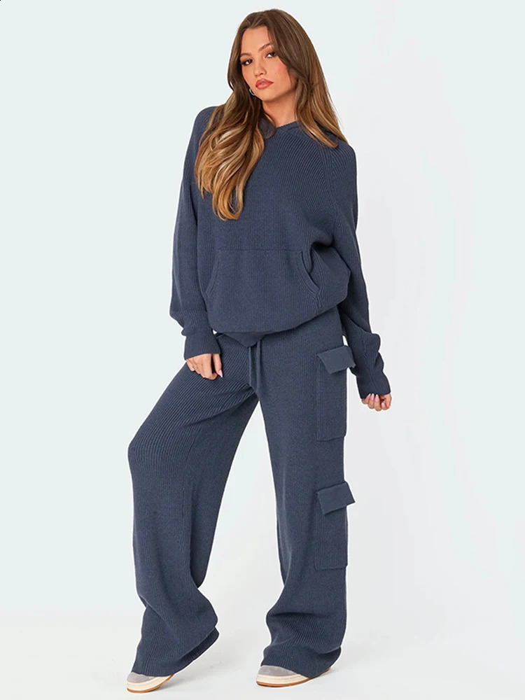 Casual Pants Sets Women Solid Hoodies Knit Long Sleeve Sweatshirts High Waist Pockets Pant Female Suit 2024 Autumn Lady Outfits 241105
