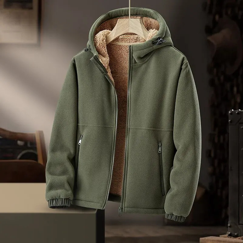 AutumnWinter Fashion Solid Color Plus Fleece Thick Warm Hooded Coat Mens Casual Loose Size Comfortable Jacket 241105